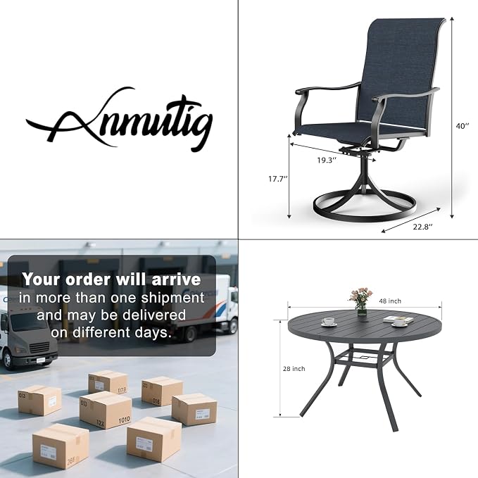 Patio 48" Round Table, Navy Blue Swivel Chairs Outdoor Dining Set 5 Style 1 | 4 Piece Swivel Chairs: High Back, Retro Armrest, Textilene Fabric, Rocking; 48 inch Metal Round Table, All Weather