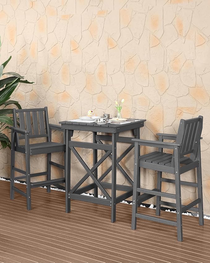 HDPE Outdoor Bar Table, 41" Adirondack Outdoor Bar Height Table, All Weather HDPE Patio High Top Pub Table, Square HDPE Patio Bar Tables for Balcony, Deck, Backyard, Poolside, Smoke Gray