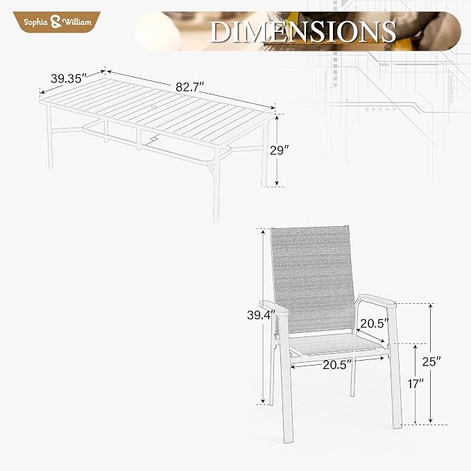 Sophia & William Patio Dining Set for 8, Metal Table & Aluminum Chairs | Rectangle table, Beige Stackable Chairs, Breathable & quick-drying, Light-weight & space-saving, Umbrella Hole, Outdoor