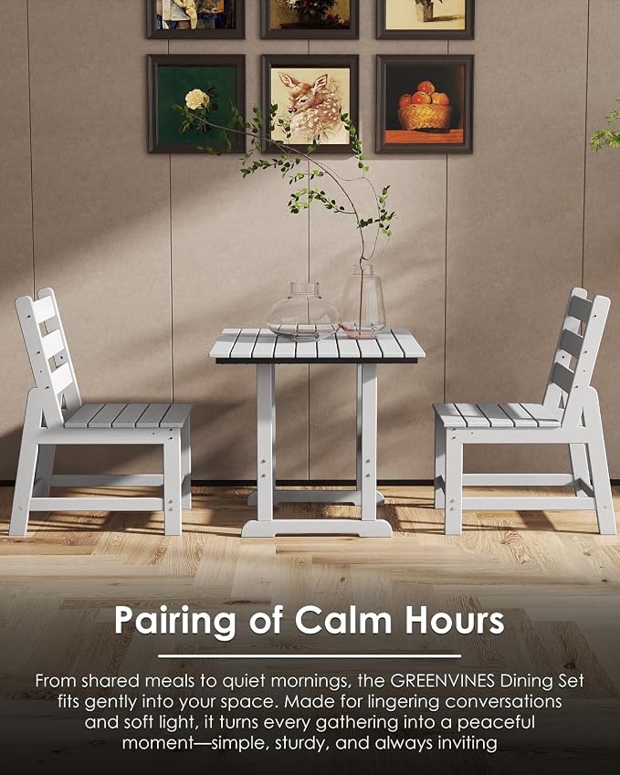 GREENVINES 5-Piece-Outdoor-Dining-Set | HDPE | Square | Patio Furniture | All Weather | Armless Chair | Slatted Table and Chairs Sets for 4 | for Backyard Poolside Garden | White