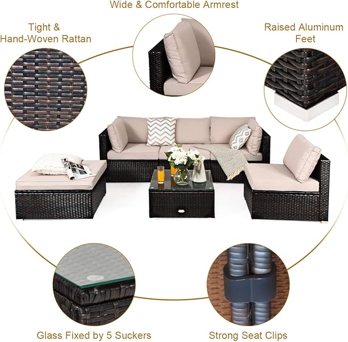 COSTWAY 6-Piece Outdoor Patio Furniture Set, Rattan Sectional Sofa Set with Tempered Glass Coffee Table, Cushions and Ottoman for Garden, Deck, Backyard (Beige)