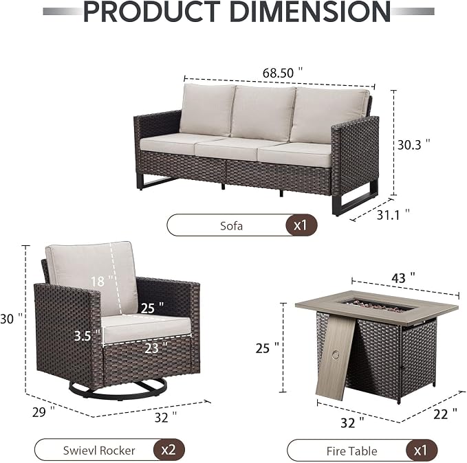 4 Piece Wicker Patio Furniture with Fire Pit Table - Outdoor Conversation Set with 50,000 BTU Fire Pit, All Weather Rattan Patio Set for Deck Backyard Garden - Brown Wicker Beige Cushion