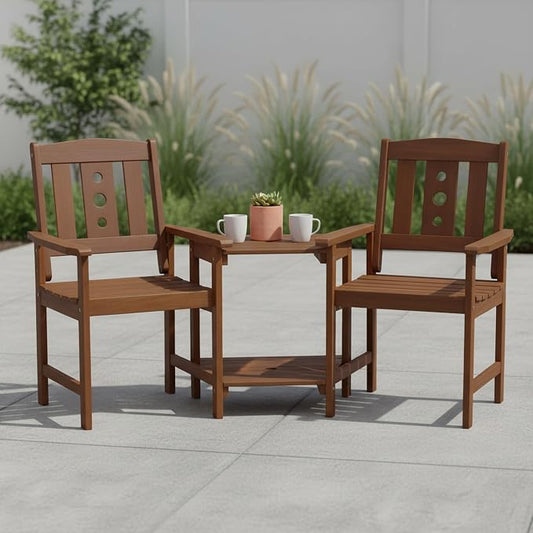 Furinno TIOMAN Outdoor Dining Set, 2-Seater Wood Patio Set, Chairs for 2 & Side Table, with 2-Tier Shelf and Umbralla Holes, for Patio, Garden, Porch, Light Wood