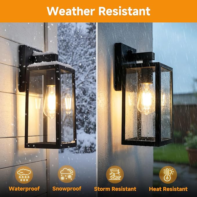 SHINE HAI Dusk to Dawn Sensor Outdoor Wall Sconce, Exterior Porch Lantern Fixture with E26 Socket & Glass Shade, Waterproof Wall Mount Lighting for Patio Front Door Entryway