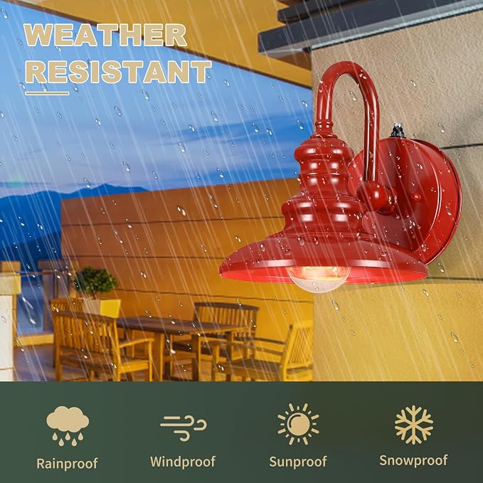 Dusk to Dawn Sensor Outdoor Gooseneck Barn Light Fixture Red | Exterior Wall Sconce Lighting Rustic Outside Porch Lantern Farmhouse Wall Mount Lamp for House Garage Patio