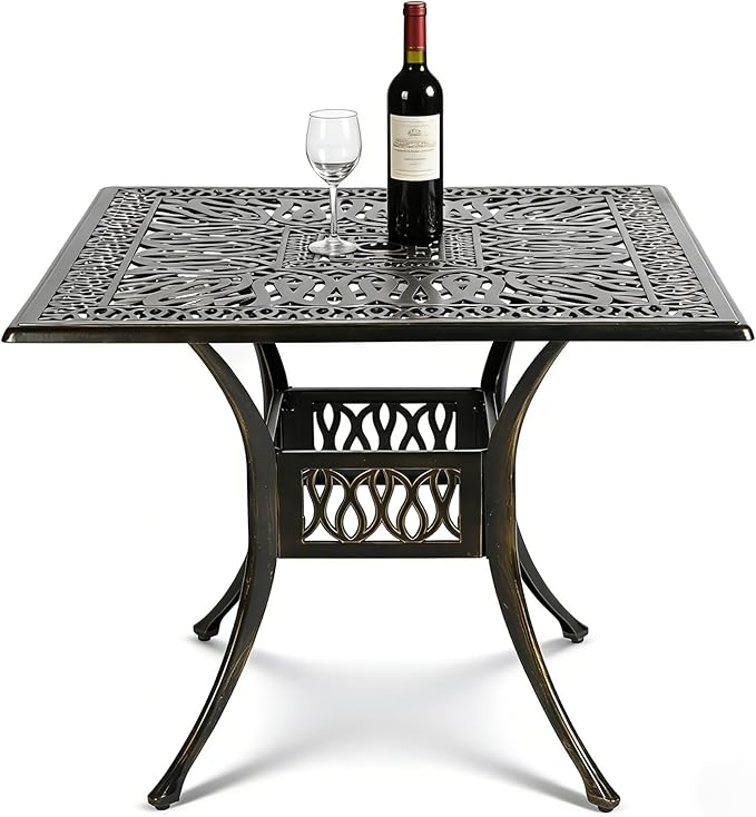 MEETWARM 35.4" Square Patio Dinning Table, Outdoor Cast Aluminum Dinning Large Table with 2.2" Umbrella Hole, Dark Bronze