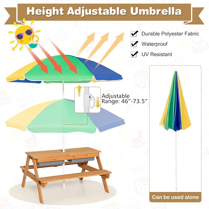 KOTEK Kids Picnic Table, 4 in 1 Sand and Water Table w/Detachable Tabletop, 2 Removable Play Boxes, Foldable & Height Adjustable Umbrella, Wood Sensory Table and Bench for Outdoors, Indoors (Colorful)