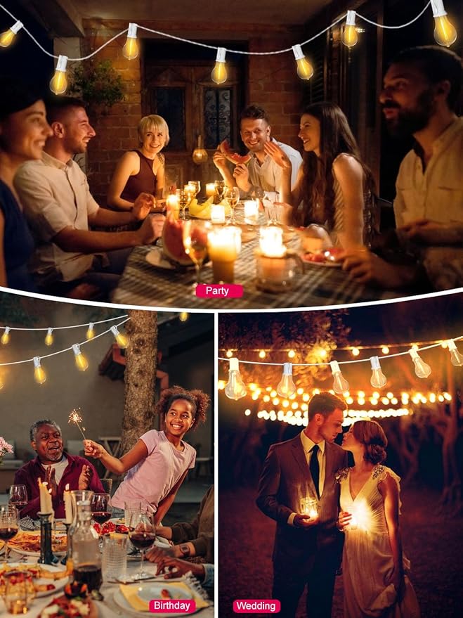 White Outdoor String Lights 120FT Waterproof Lighting for Patio Wedding | 2FT Bulbs Spacing,120FT Connectable White Outdoor Lights with 63 Plastic Dimmable LED Bulbs for Garden Bistro Balcony Party