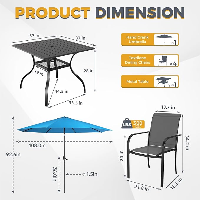 Incbruce 6 Pieces Patio Dining Set with Sky Blue Umbrella, Outdoor Dining Set of 4 Textilene Chairs and Square Table with Umbrella Hole for Backyard, Garden, and Poolside (Grey)