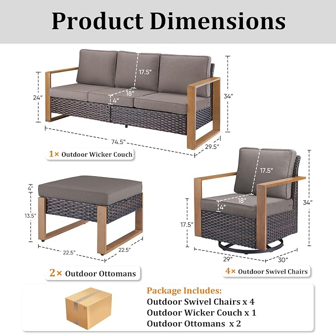 7-Piece Outdoor Patio Furniture Set with 4 Swivel Chairs, All-Weather Wicker Sofa Set for Garden, Yard, Porch and Poolside Seating Grey