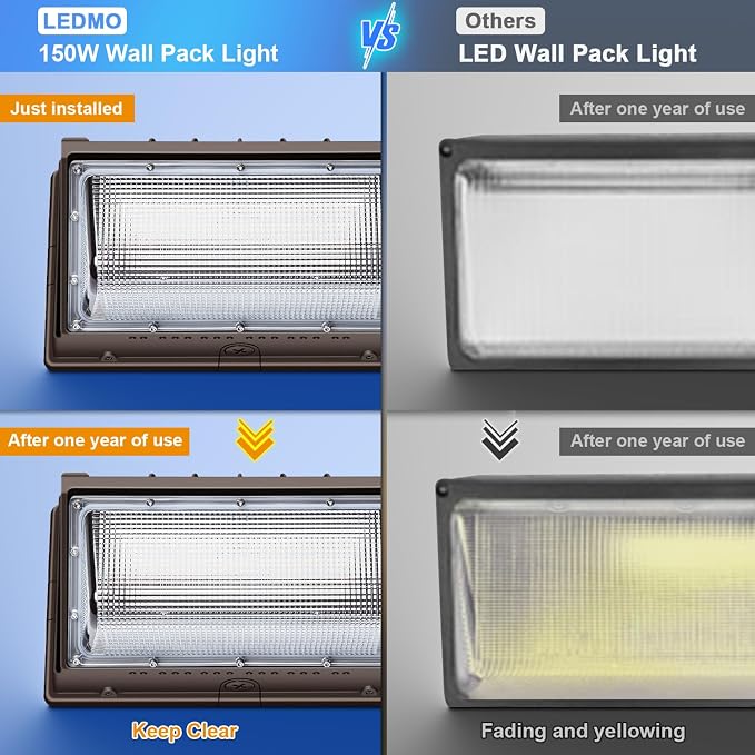 ledmo 150W LED Wall Pack with Photocell Dusk to Dawn Outdoor Lighting | 5000K 21000LM Waterproof Commercial Fixture 100-277V Equivalent Energy Save Flood Lights for Building Yard Warehouse Garage