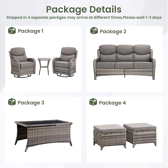 Luxury Patio Furniture Set 7pcs with 6-inch Cushion, Outdoor Furniture with Coffee Table, Swivel Chairs, Sofa, Side Table, Ottomans, Patio Set for Deck Yard and Poolside Grey Wicker | Grey Cushions