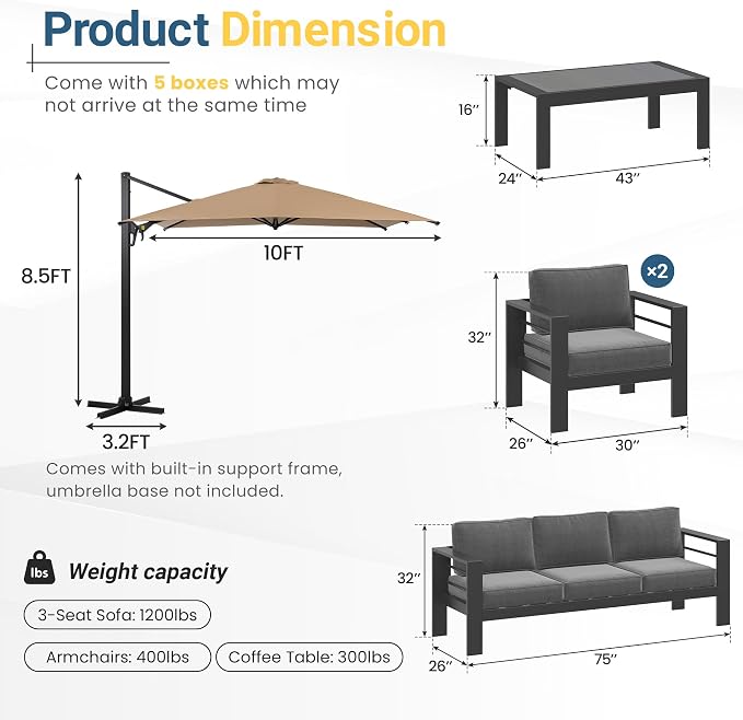 Wisteria Lane 5 Pieces Aluminum Patio Furniture Set with Umbrella, All Weather Oversized Outdoor Furniture Set with Deep Seat and Back Cushion, Patio Conversation Sets with Wide armrest, Gray & Kahki