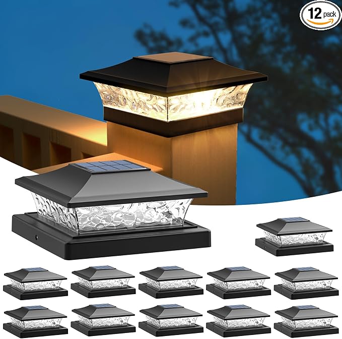 APONUO Solar Post Cap Lights 12 Pack for 4x4 5x5 6x6 Wood & Vinyl Fences - IP65 Waterproof, All-Night Auto On/Off, Warm/Cool White Light, Outdoor Deck Patio Garden (Black)