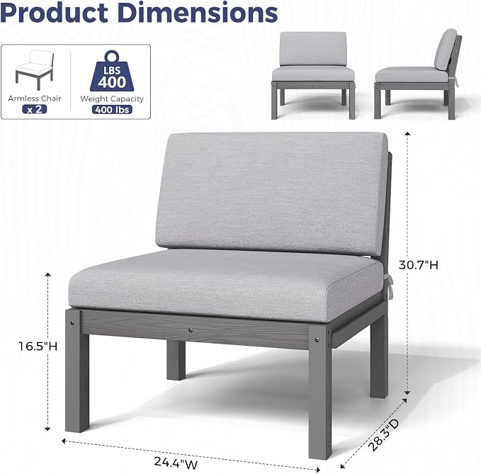 Outdoor Patio Chairs Set of 2, HIPS Modular Sectional Seatings & Thick Cushions– Side Interlock Easy to Connect, Weatherproof Patio Furniture Set for Backyard, Deck, Poolside (Grey)