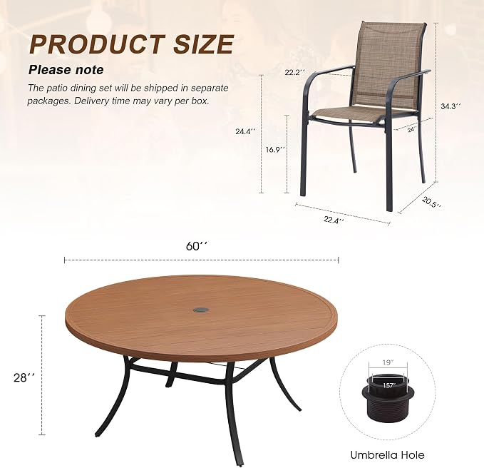 11 Pieces Patio Dining Set, 60" Round Dining Table with Umbrella Hole, 10 Stackable Textilene Fabric Chairs, Metal Structure for Patio, Porch, Garden(Walnut Table, Brown Chair)