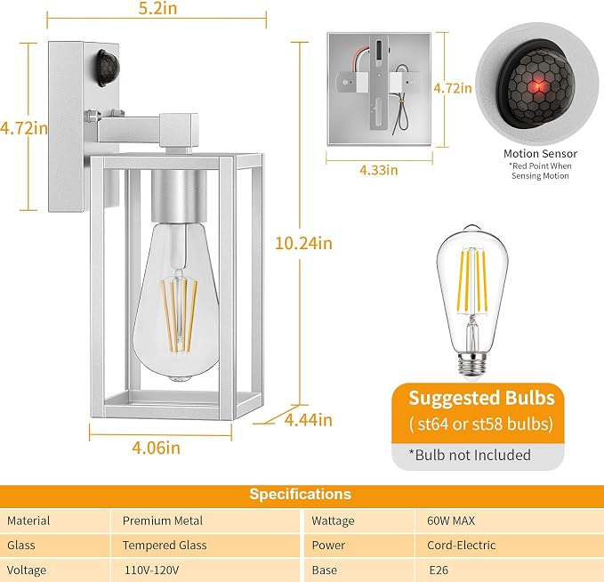 2 Pack Silver Motion Sensor Outdoor Light Fixtures Wall Mount, Dusk to Dawn Front Porch Lights for House, Exterior Wall Sconce, Waterproof Lantern Lamp,Outside Coach Light for Garage Entryway Yard