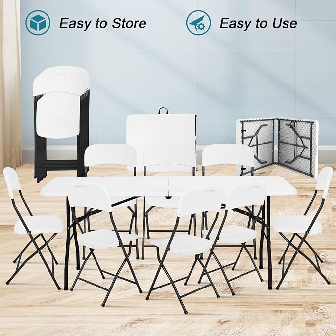 6ft Folding Table and Chairs, Outdoor Folding Chairs Set of 8, Foldable Table with Handle, Tables and Chairs for Parties, Picnic, Event, Indoor Outdoor Activities, at Home and Commercial Use