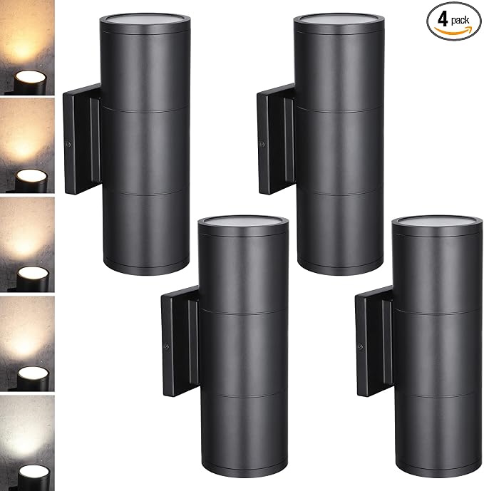 LEONLITE 4-Pack 12 Inch 5CCT LED Cylinder Up Down Wall Light Outdoor | 120-277V, Dimmable, Waterproof, Wall Sconce, Exterior Front Door Porch Light, Aluminum, ETL Listed