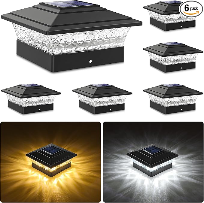 Solar Post Cap Lights Outdoor 6pack, Waterproof Fence Post Lights with 16 Ultra Bright LEDs Fit 4x4 Wood/Vinyl Posts, Black Deck Post Lights with Warm/Cool White for Garden, Patio, Porch, Yard