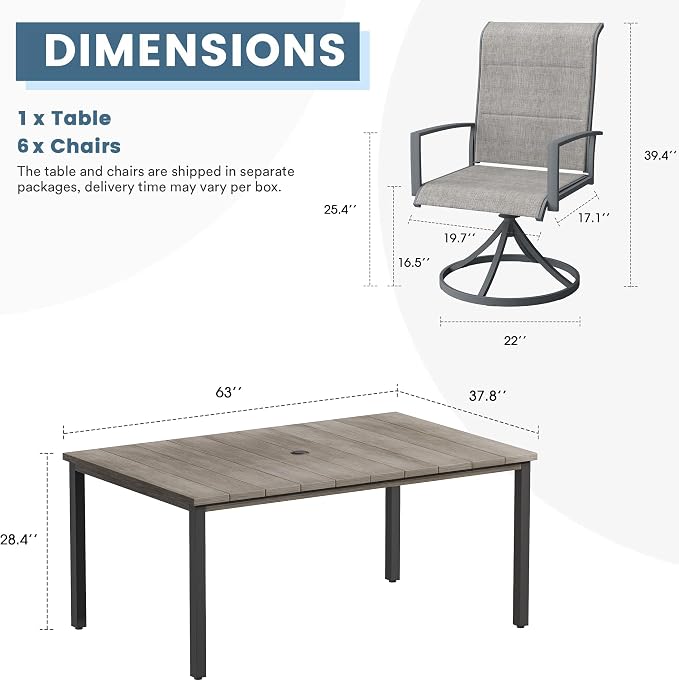 DIFY 7 Piece Outdoor Patio Dining Set for 6, 63" Grey Wood-Like Rectangle Metal Dining Table and Swivel Patio Chairs with Grey Padded Textilene, All-Weather Outdoor Furniture Set for Garden Backyard