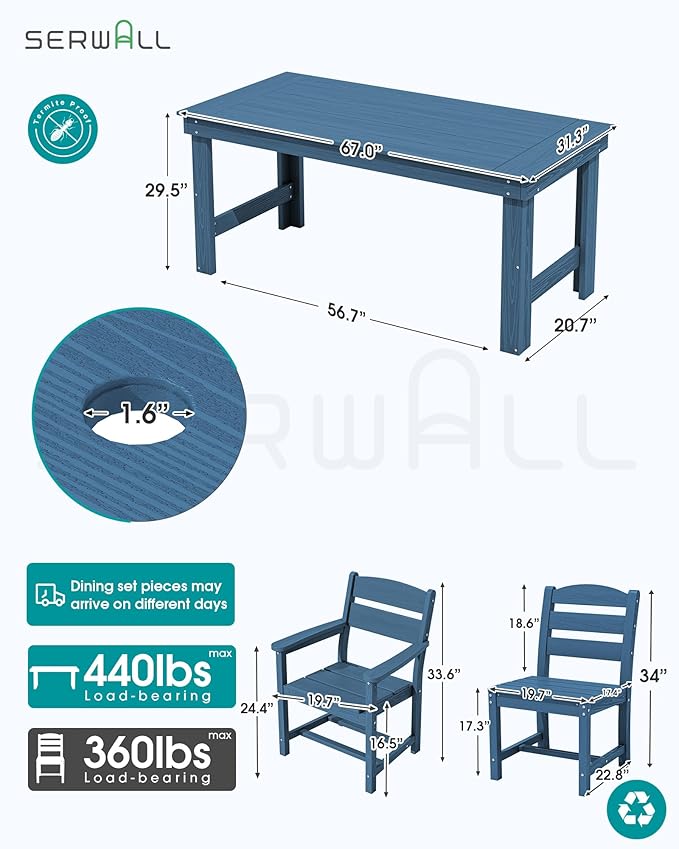 SERWALL HDPE Outdoor Dining Table and Chairs Set for 6 | with Armless Chair Seat