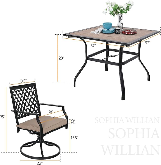 PHI VILLA Patio Furniture Set 5 Pieces Patio Dining Set Outdoor Table and Chairs 4 x Swivel Dining Chairs with 37" Metal Umbrella Table for Outdoor Lawn Garden Backyard