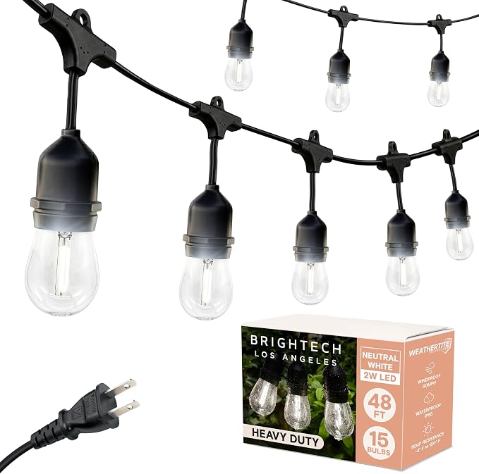 Brightech Ambience Pro - Waterproof LED Outdoor String Lights - Hanging, Dimmable 2W Vintage Edison Bulbs - 48 Ft Commercial Grade Patio Lights Create Cafe Ambience in Your Backyard