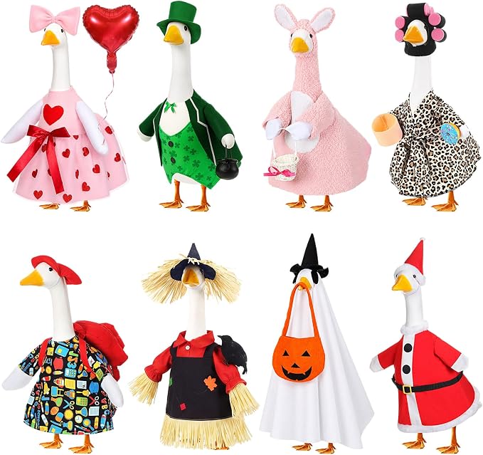 FuWeave 8 Set Holiday Porch Goose Outfits Summer Fall Halloween Christmas Winter Thanksgiving Valentine St. Patrick Easter Lawn Porch Goose Clothing for Patio Yard Decor(Style11,23 Inch)
