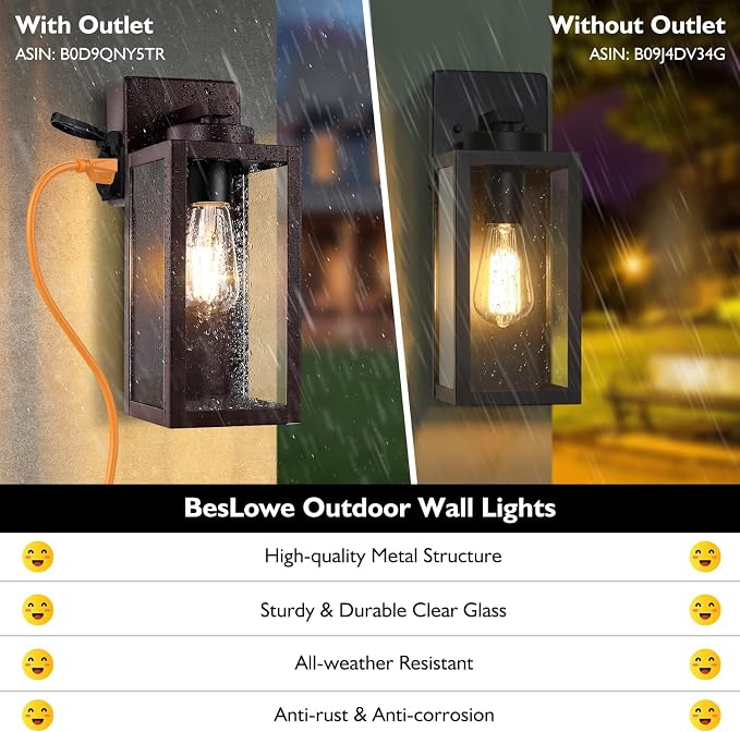 BesLowe Porch Lights with Outlet, Brown Modern Outdoor Wall Light Fixtures | UL-Listed Extra Power Socket, Waterproof, Rust-Resistant, Durable Metal with Clear Glass, Easy to Install
