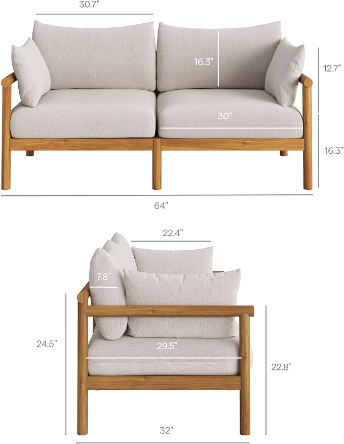 Modway Eleni 5-Piece Outdoor Teak Wood Patio Furniture Set in Natural Sail – Backyard Conversation Set with Loveseat, 2 Armchairs, Side Table, and Coffee Table