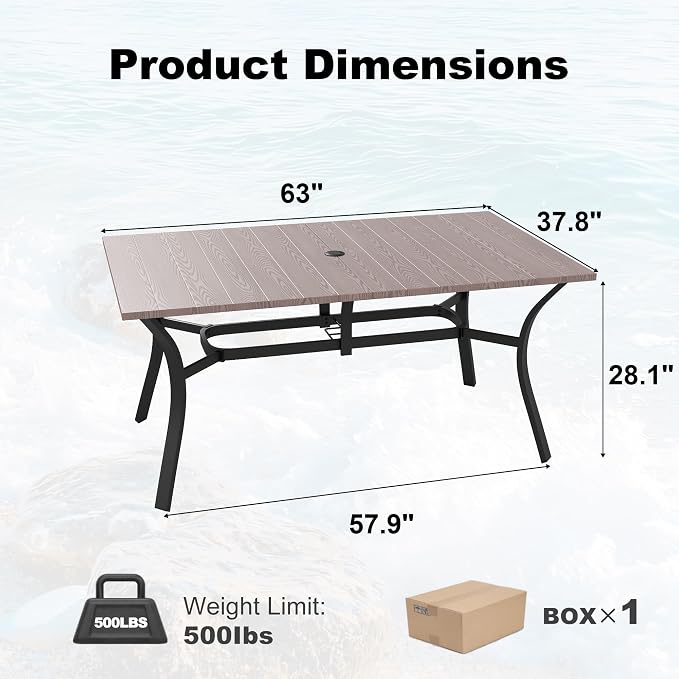 63'' Outdoor Dining Table for 6, Black Metal Patio Dining Table with 1.97'' Umbrella Hole,Anti-Rust Waterproof Square Table for Porch Deck Poolside Garden Backyard