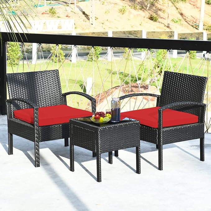 Tangkula 3 PCS Patio Conversation Set, Outdoor Rattan Sofa Set with Seat Cushions & Coffee Table, Patio Wicker Furniture Set for Garden Balcony Backyard Poolside (Red)