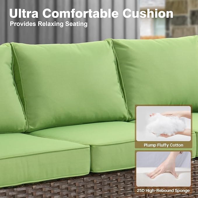 ovios 6 Pieces Patio Furniture Set, Outdoor Wicker Sofa Couch with 42" Fire Pit Table Comfy Cushions, All Weather Brown Rattan Conversation Set for Backyard Deck, Green