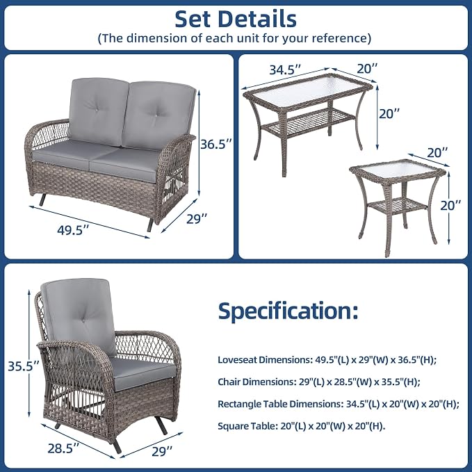 5-Piece Wicker Patio Furniture Sets Outdoor All-Weather Rattan Conversation Set Includes Glider Loveseat, 2 Glass-Top Coffee Tables, 2 Glider Rocker Chairs for Porch Backyard, Gray