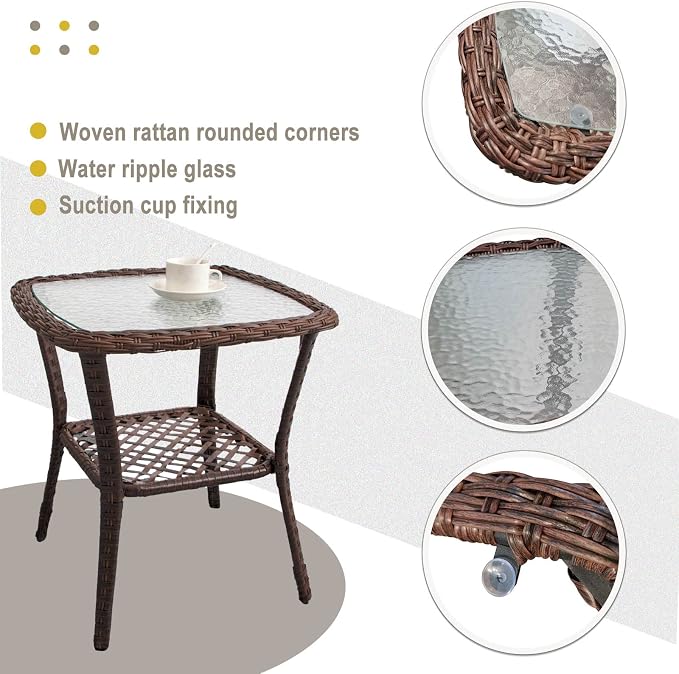DIMAR GARDEN Outdoor Side Table Wicker Patio Coffee Table with Glass Top and Storage Shelf,Mixed Brown