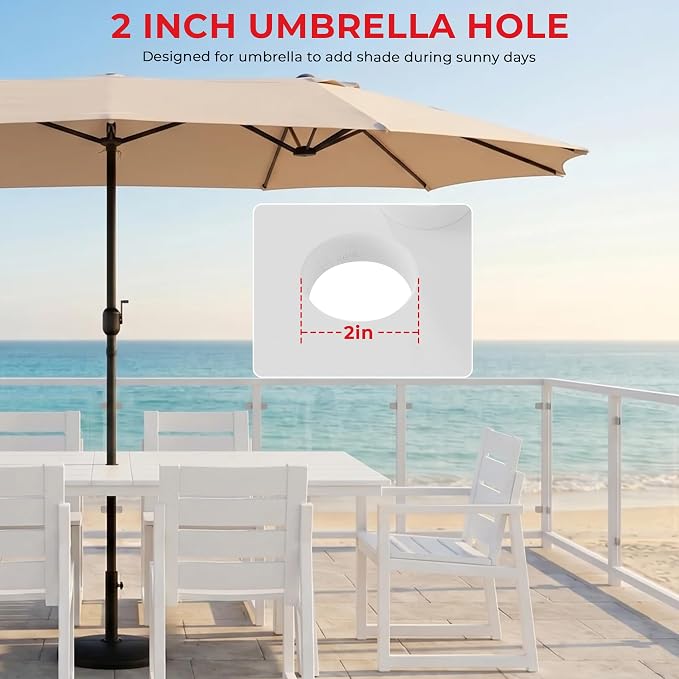 Costaelm Outdoor Dining Tables for Patio, 72" Rectangle 6-Person HDPE Dining Table with Umbrella Hole and Metal Frame for Outside, Garden, Poolside, Backyard, Porch, Balcony, White