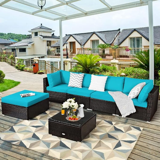 RELAX4LIFE 6-Piece Patio Sofa Set - Outdoor Sectional Sofa Set Wicker Conversation Set w/Table & Removable Cushions, Modular Sofa Set Patio Furniture for Backyard, Poolside, Balcony (Turquoise)