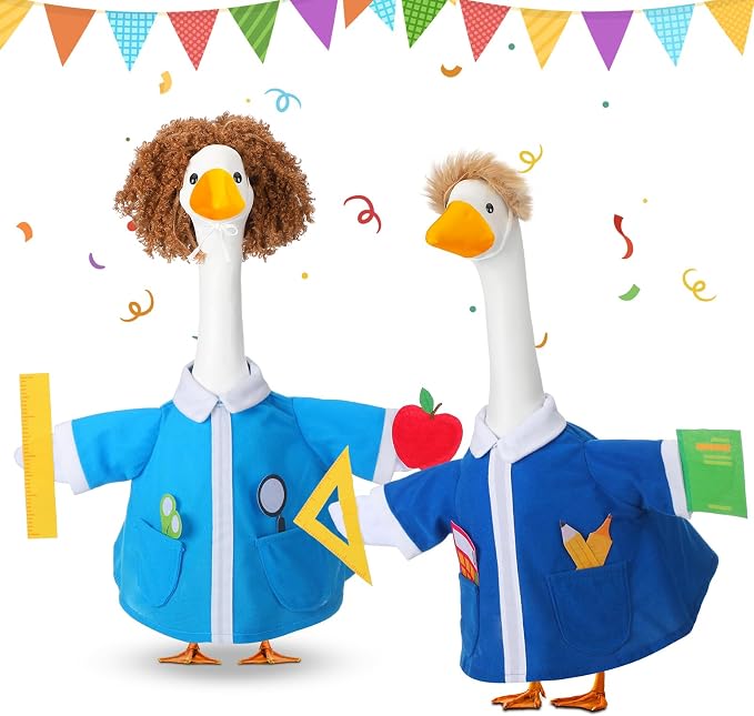 Abbylike 2 Set Back to School Porch Goose Outfit Teacher Classroom Yard Goose Costume Clothes with Book and Ruler Fits 23'' Cement for First Day of School Patio Lawn Garden Pathway Statue Decorations