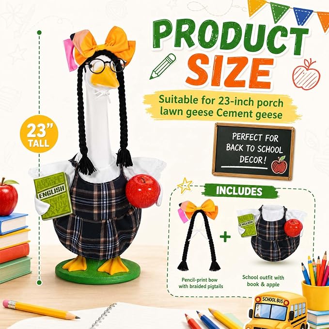 JcHrmers Teacher Porch Goose Outfits Back to School Goose Outfits Lawn Goose Clothes Fits 23" Cement Plastic Goose Statue for School Classroom Outdoor Garden Yard Patio Decor