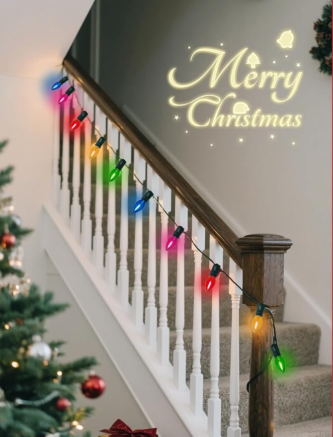 26Ft C7 LED Multicolor Christmas Lights Outdoor, Vintage Christmas String Lights with 27 Clear Colored LED Bulbs, Hanging Old Fashioned Xmas Decorations for Outside Holiday Party Garden, Green Wire