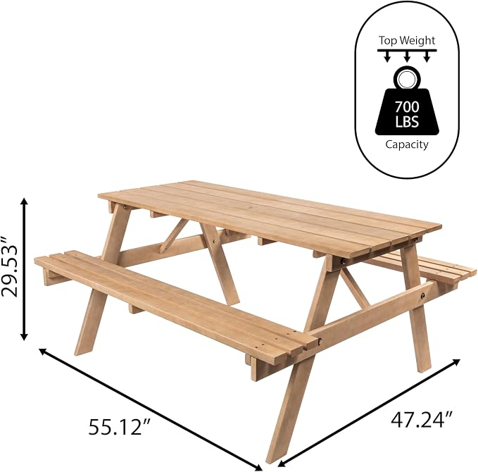 JONATHAN Y Shoreham 55.18" Eucalyptus Wood Outdoor Picnic Table with Benches for Patio, Rectangular Dining Set with 2" Umbrella Hole, Heavy Duty 700 lbs Capacity, Light Teak BNH200B-NEW
