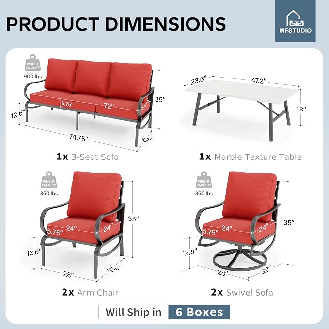 MFSTUDIO 6 Pieces Metal Patio Furniture Sets, 2 Swivel Chairs, 3-Seat Loveseat Sofa, 2 Patio Chairs & 1 Marbling Coffee Table, All Weather 7 Seats Outdoor Conversation Set for Garden, Burgundy Red