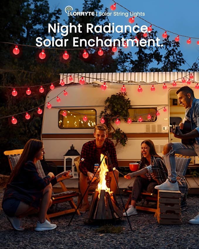 LORRYTE Solar String Lights Outdoor 2 Pack 64FT 100 LED Red Patio Lights | Crystal Globe, IP65 Waterproof, Auto On/Off, 8 Modes Solar Powered Light for Outside Halloween Party Garden Yard Decorations