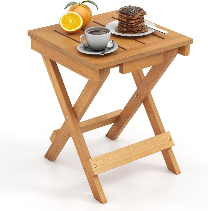 HAPPYGRILL Outdoor Folding Side Table Wood Square End Table with X-Shaped Legs, Slatted Tabletop, 14” Compact Outside Table, Portable & Lightweight Patio Coffee Table for Backyard Picnic Camping