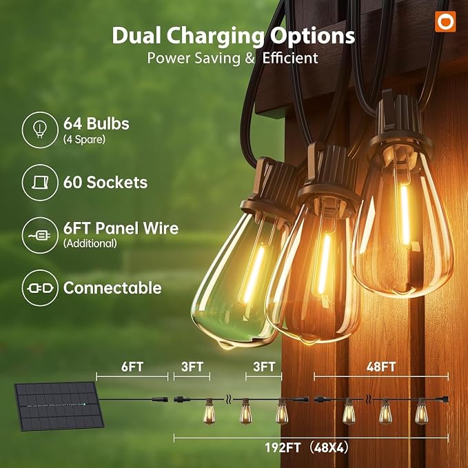addlon 198FT Solar String Lights Outdoor, Waterproof,Dimmable, Last 20+ Hrs | Ideal for Large Backyard, Garden, Wedding, Party, Camping, 60+4 Shatterproof LED Bulbs, Timer Via Remote, Easy Install