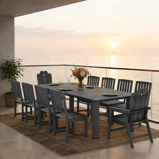 11 Piece Outdoor Table and Chairs Set, Large Patio Dining, Gray | 89.4” table,Large 10 seat patio dining set, mixed chair durable HDPE wood-look, fade and UV resistant for long-term outdoor
