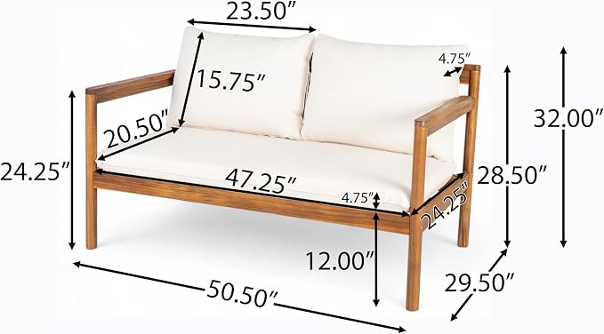 Christopher Knight Home Vorms Outdoor Loveseat with Coffee Table, 2-Piece Acacia Wood Patio Furniture Set with Rope Backrest, Patio Conversation Chat Sets for Backyard Balcony, Teak+Cream