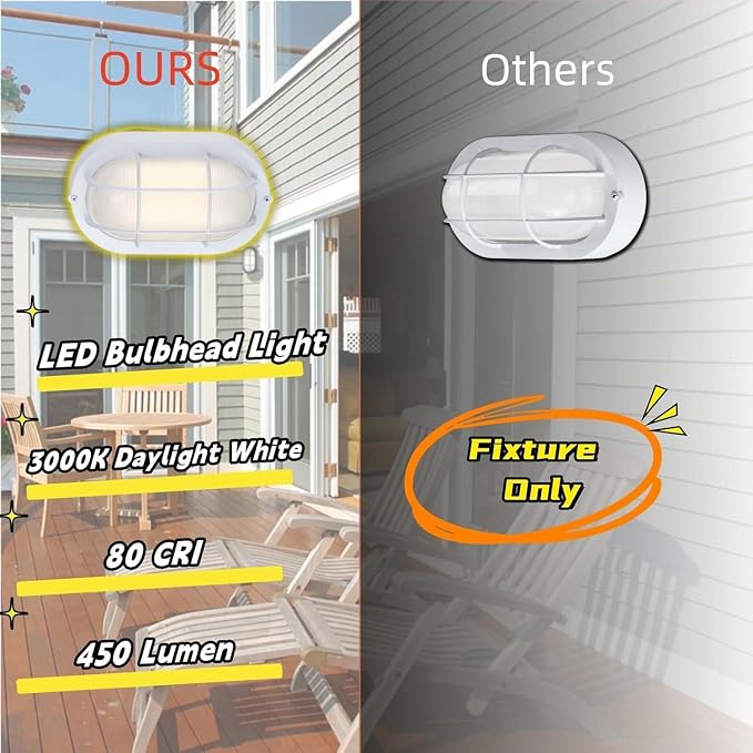 WISBEAM 2 Pack LED Bulkhead Light, Outdoor LED Wall Light for House, Dimmable, 6W Replace 60W, 450 Lumen 3000K Daylight White 80CRI, Waterproof, ETL Rated