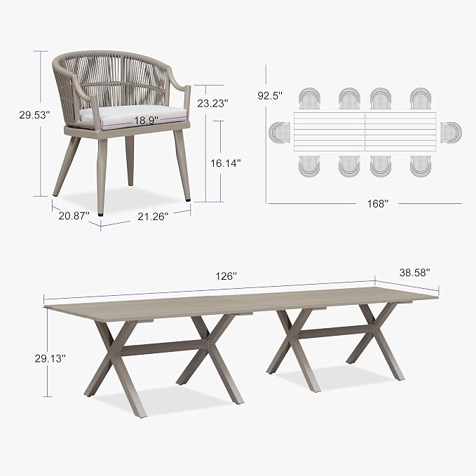 PURPLE LEAF 12 Pieces Outdoor Dining Set All Weather Wicker Patio Dining Set with Rectangular Aluminum Table and Modern Armrest Dining Chairs for Garden Deck Backyard Kitchen, Champagne